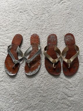 Tory Burch Metallic Silver and Gold Logo Thong Sandals